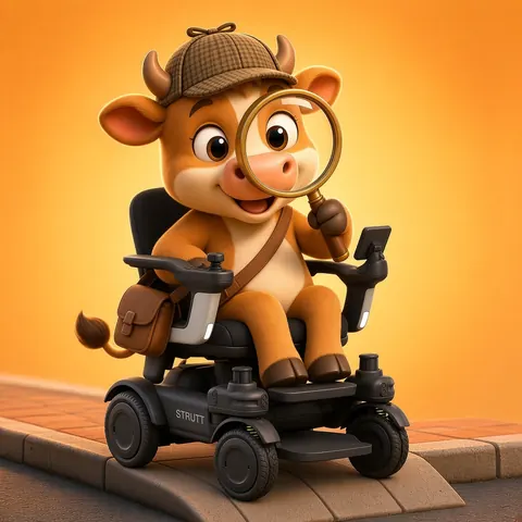 Moo, the Jersey cow detective in a deerstalker hat, peering through a magnifying glass from her Strutt ev1 power wheelchair at a dropped kerb